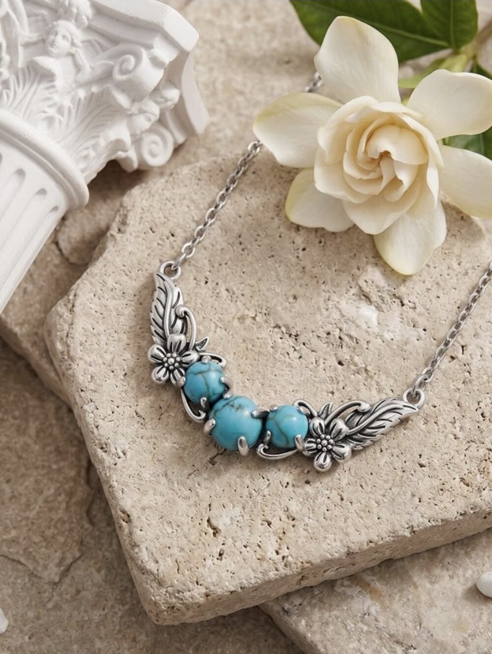 Genuine Turquoise Floral Silver Necklace